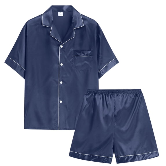 eczipvz Girls Boys Pajamas Satin Pajama Set Silk Pjs Short Sleeve Sleepwear Kids Button-Down Nightwear Navy L
