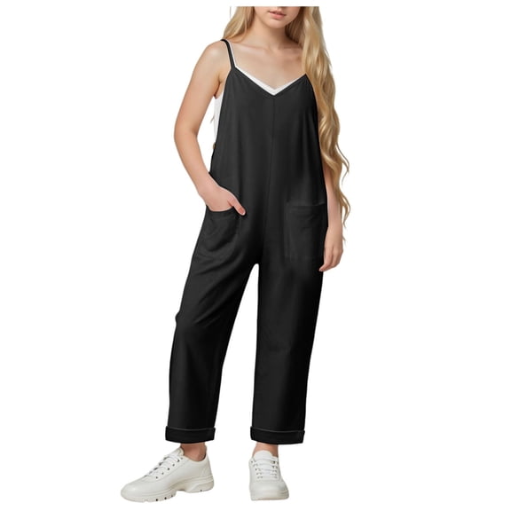 eczipvz Girls Casual Jumpsuits Sleeveless Loose Spaghetti Strap Summer Rompers Long Pants with Pockets Girls Black Jumpsuit Black|7-8 Years