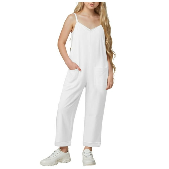 eczipvz Girl Jumpsuit Toddler Girls Sleeveless Jumpsuits Spaghetti Strap Romper Clothes Long Pants with Pockets 1-10 Years White,9-10 Years