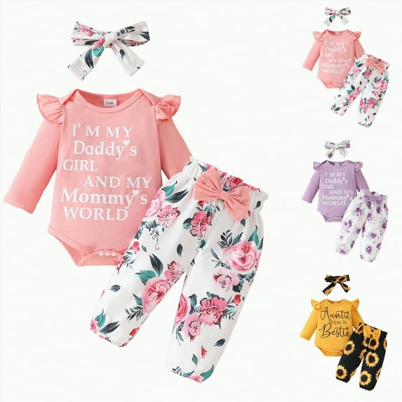 eczipvz Girls Fall Clothes Baby Girls Clothes Ribbed Ruffled Romper+Floral Pants+Headband Outfit Set(Orange,0-3 Months)