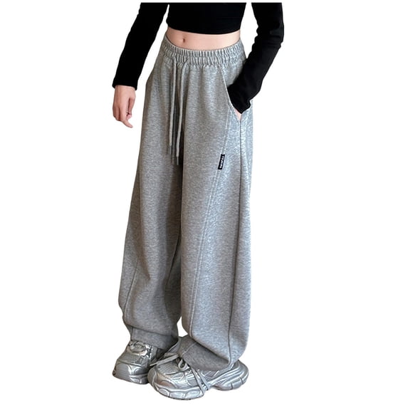 eczipvz Girls Loose Pants Girls School Uniform Pants Straight Leg Elastic Waist Stretchy Comfy Fabric Casual Pull-On Trousers Pockets Grey,11-13 Years