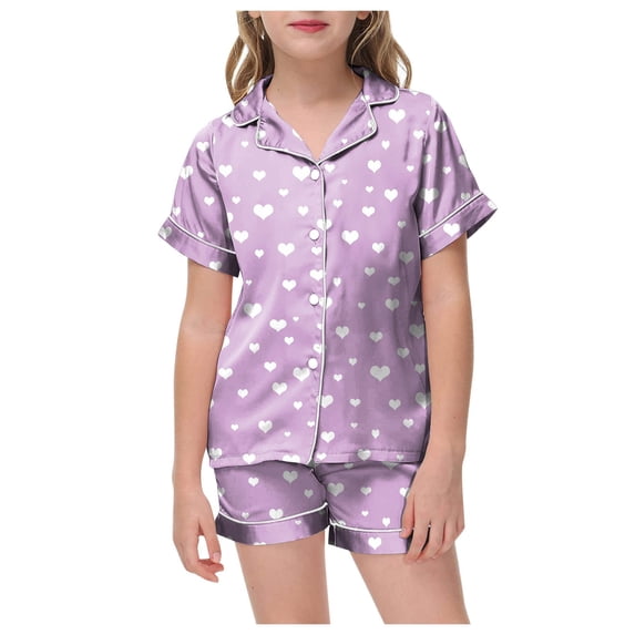 eczipvz Girls Pajamas Satin Pajama Set Silk Pjs Short Sleeve Button Down Summer Bow Sleepwear Valentine's Day Printed Short Sleeve Shorts Two Piece Pajama Set Light Purple 4-5 Years