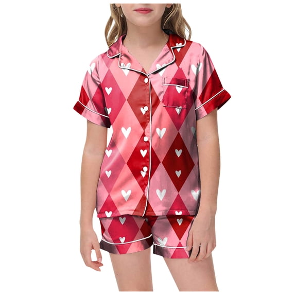 eczipvz Girls Pajamas Satin Pajama Set Silk Pjs Short Sleeve Button Down Summer Bow Sleepwear Valentine's Day Printed Short Sleeve Shorts Two Piece Pajama Set Purple 8-9 Years