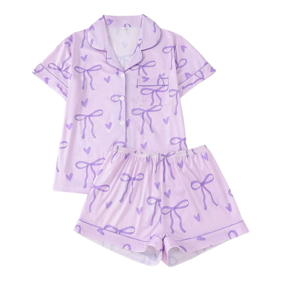 eczipvz Girls Pajamas Silk PJS Set Bow Satin Sleepwear Short Sleeve Jammies for Kids Button-Down Nightwear Purple XXL