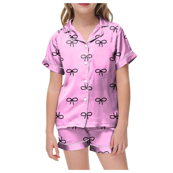 eczipvz Girls Pajamas Silk Satin Pajama Set Short Sleeve Button down Sleepwear Soft Cute Pjs with Ruffle Shorts Kids 2 Piece Loungewear Pink 8-9 Years