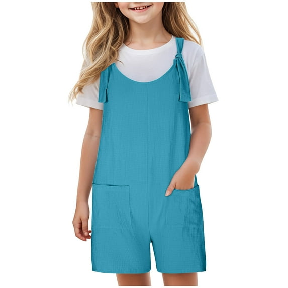 eczipvz Girls Romper Size 6 Girls Summer Sleeveless Casual Romper Spaghetti Strap Shorts Jumpsuit with Pockets Sky Blue,13-14 Years