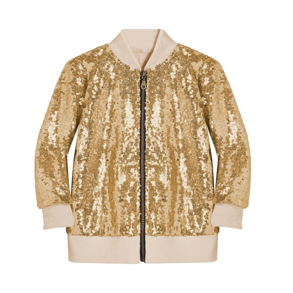 eczipvz Girls' Sequin Bomber Jacket with Pockets Lightweight Sparkle Long Sleeve Zipper Gradient Jackets for Kid (Yellow,2 Years)
