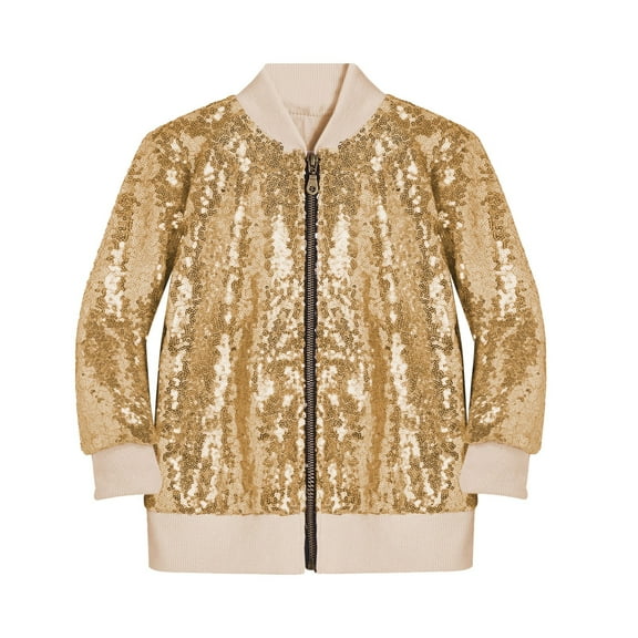 eczipvz Girls' Sequin Bomber Jacket with Pockets Lightweight Sparkle Long Sleeve Zipper Gradient Jackets for Kid (Yellow,4 Years)