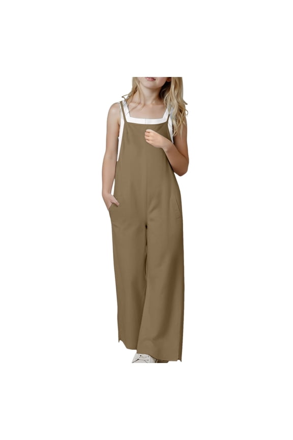 Girls Summer Jumpsuits Spaghetti Strap Sleeveless Loose Romper Short Pants with Pockets 5-14 Years Pink Overalls for Girls Brown|5-6 Years