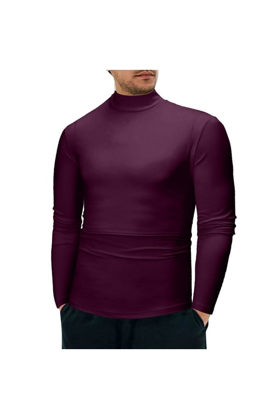 Gold Turtleneck Shirt Men Neck Undershirts Cotton Pullover Sweaters Slim Fit Tee Top Shirt for Men Red,L