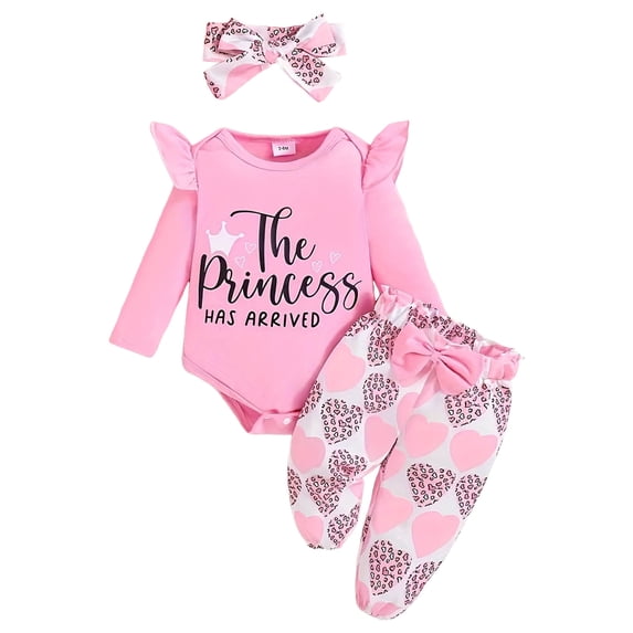 eczipvz Infant Baby Girl Clothes Outfit Set Toddler Ruffled Letter Print Romper Top Pants and Headband 3PCS Pink,6-9 Months