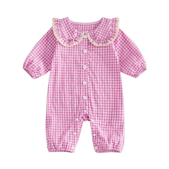 eczipvz Infant Baby Girl Outfit Peter Pan Collar Long Sleeve Button Up Gingham Romper One Piece Jumpsuit Newborn Fall Clothes 12-18 Months