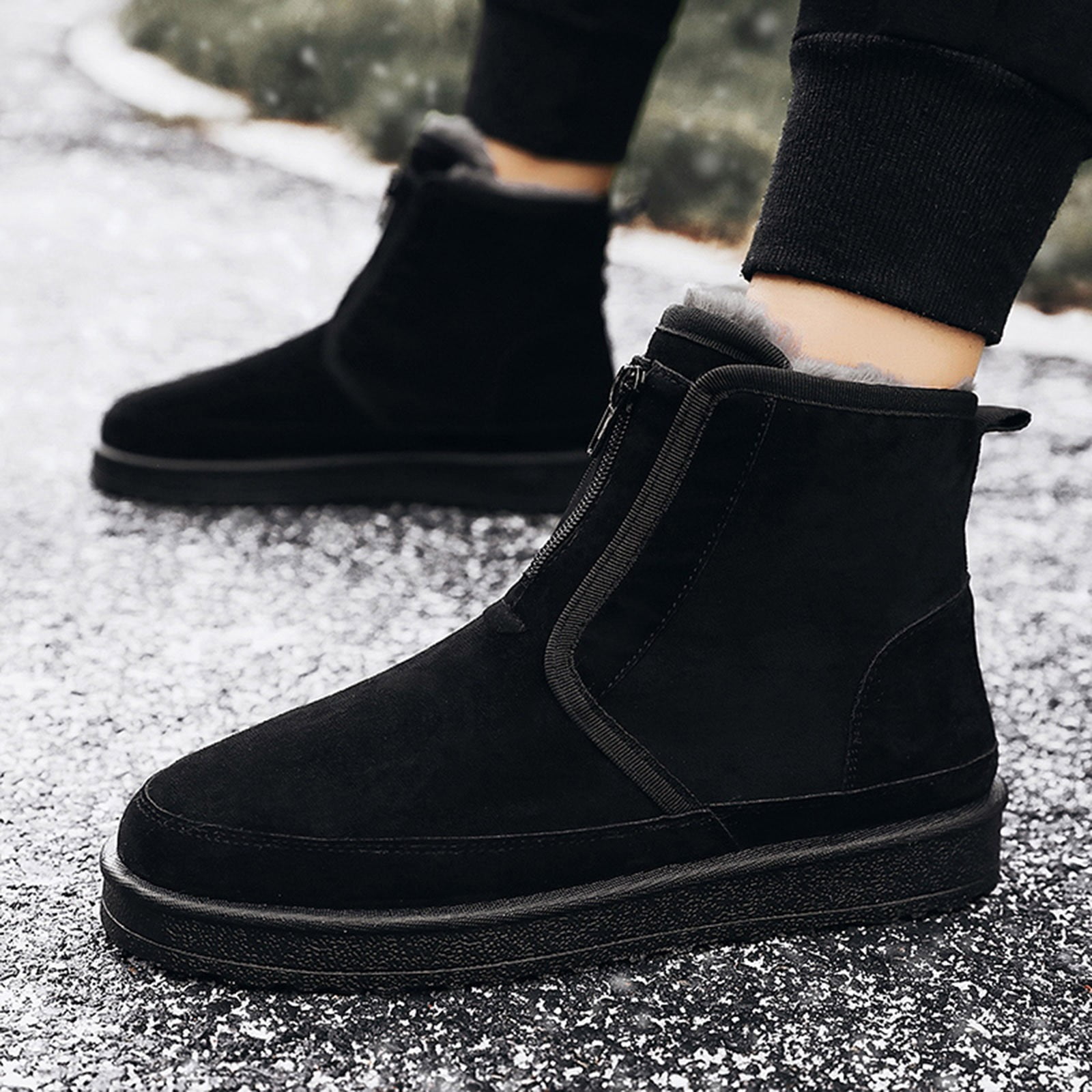 eczipvz Men Shoes Fashion Winter Men Snow Boots Round Toe Flat Bottom Non Slip Zipper Suede Plush For Warm And Comfortable Teen Boys Boots Black