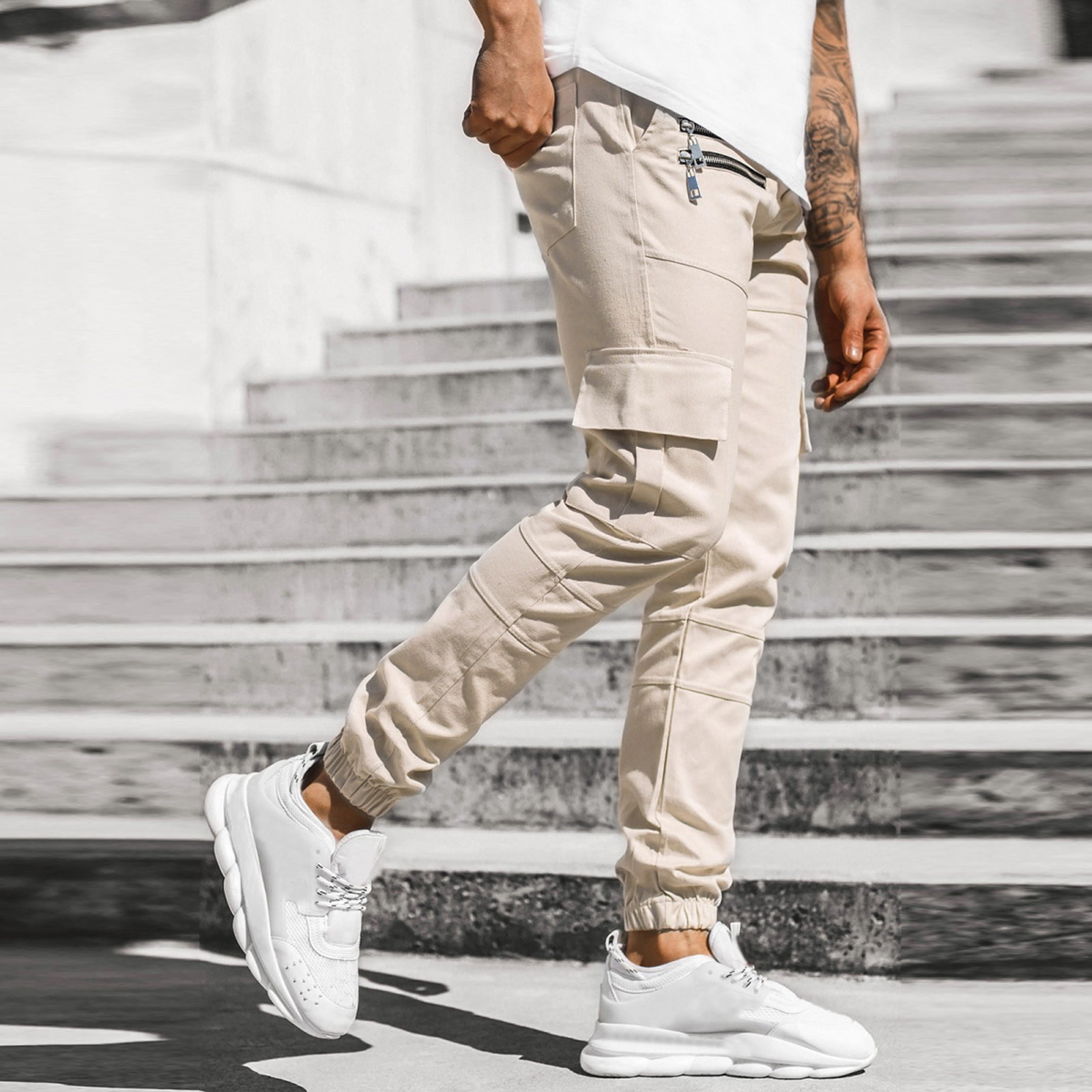 Mens Sweatpants Cargo Pocket Men Casual Fashion Solid Lace-up