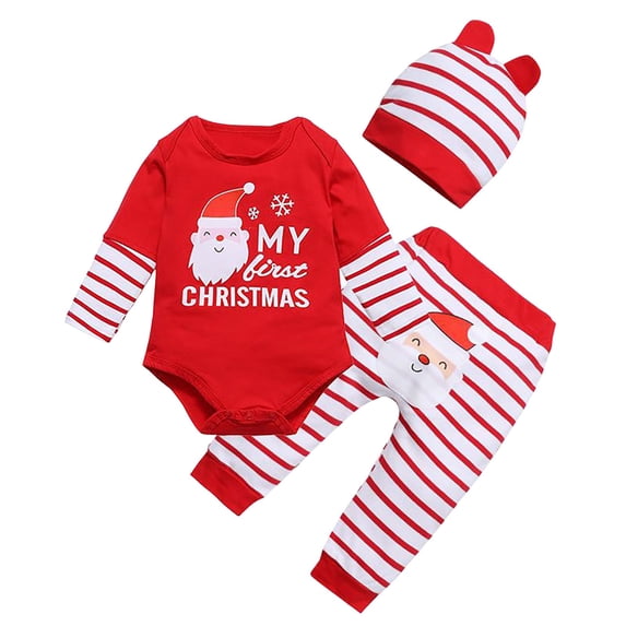 eczipvz My 1st Christmas Outfits Christmas Baby Boy Outfit Baby Boy Clothes Infant Romper Red Striped Pants Hat 3Pcs