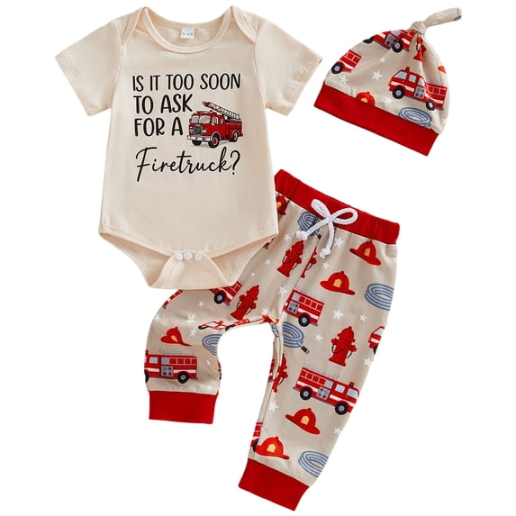 eczipvz Newborn Baby Boy Clothes Firefighter Police Car Short Sleeve Romper Shirt Top Pants Hat Set Summer Outfits Red,3-6 Months
