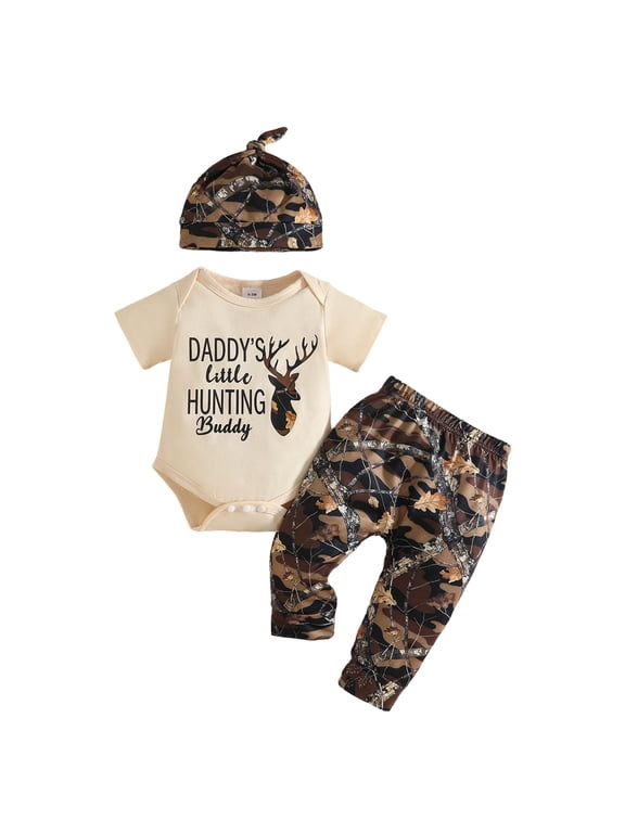 Newborn Baby Boy Hunting Outfit Deer Mallard Duck Short Sleeve Romper Jungle Camo Pants Set Hat Clothes Beige,3-6 Months
