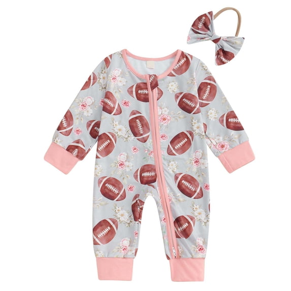 eczipvz Newborn Baby Girl Football Jumpsuit Football Rugby Bow Print Zipper Fall Romper Infant One Piece Bodysuit Coveralls 6-12 Months