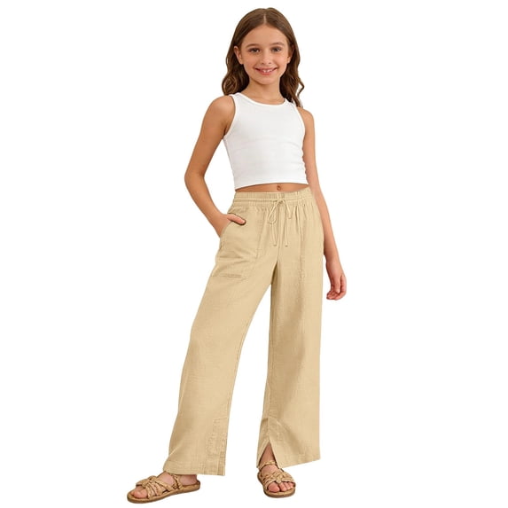 eczipvz Pull‑On Casual Pants Girls Pants Pants Capris Wide Leg Baggy Loose Fit Side Pockets Khaki,9-10 Years