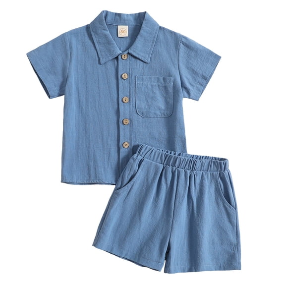 eczipvz Toddler Baby Boys 2 Pieces Cotton Linen Set Short Sleeve Button Down Shirt and Shorts Set Spring Summer Outfits Blue,18-24 Months