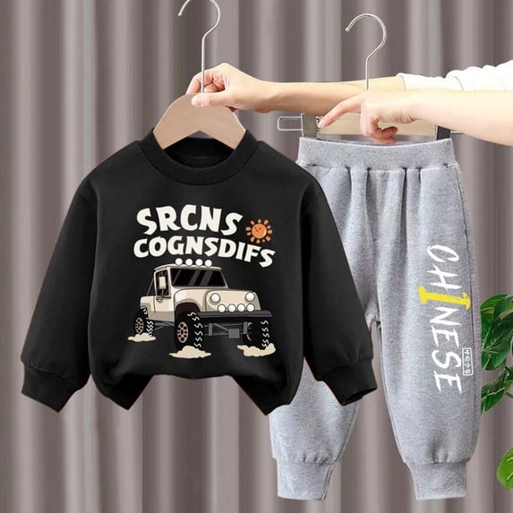 eczipvz Toddler Boy Outfits Boys Outfit Print Sweatshirt Cuffed Pants Fall Casual Print Long Sleeve Elastic Cuffed Pants Set Black,12-18 Months