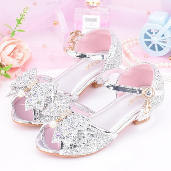 eczipvz Toddler Shoes Children Shoes with Diamond Shiny Sandals Princess Shoes Bow High Heels Show Princess Shoes for Kids Size 1 for Girls (Silver, 1 Big Kids)