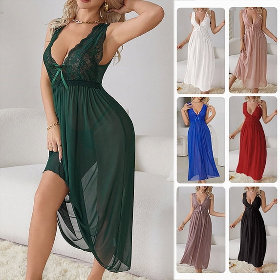 eczipvz Women Nightgown Sexy Sleepwear Lace V-neck Lounge Dress(Black,L)