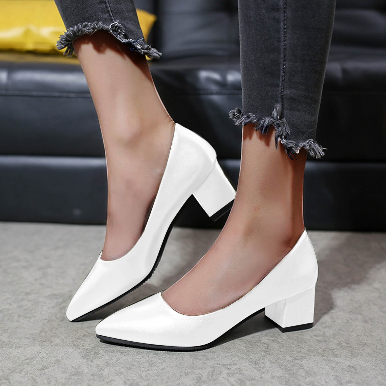 Ladies Pointed Closed-Toe Ankle Strap Heel - White