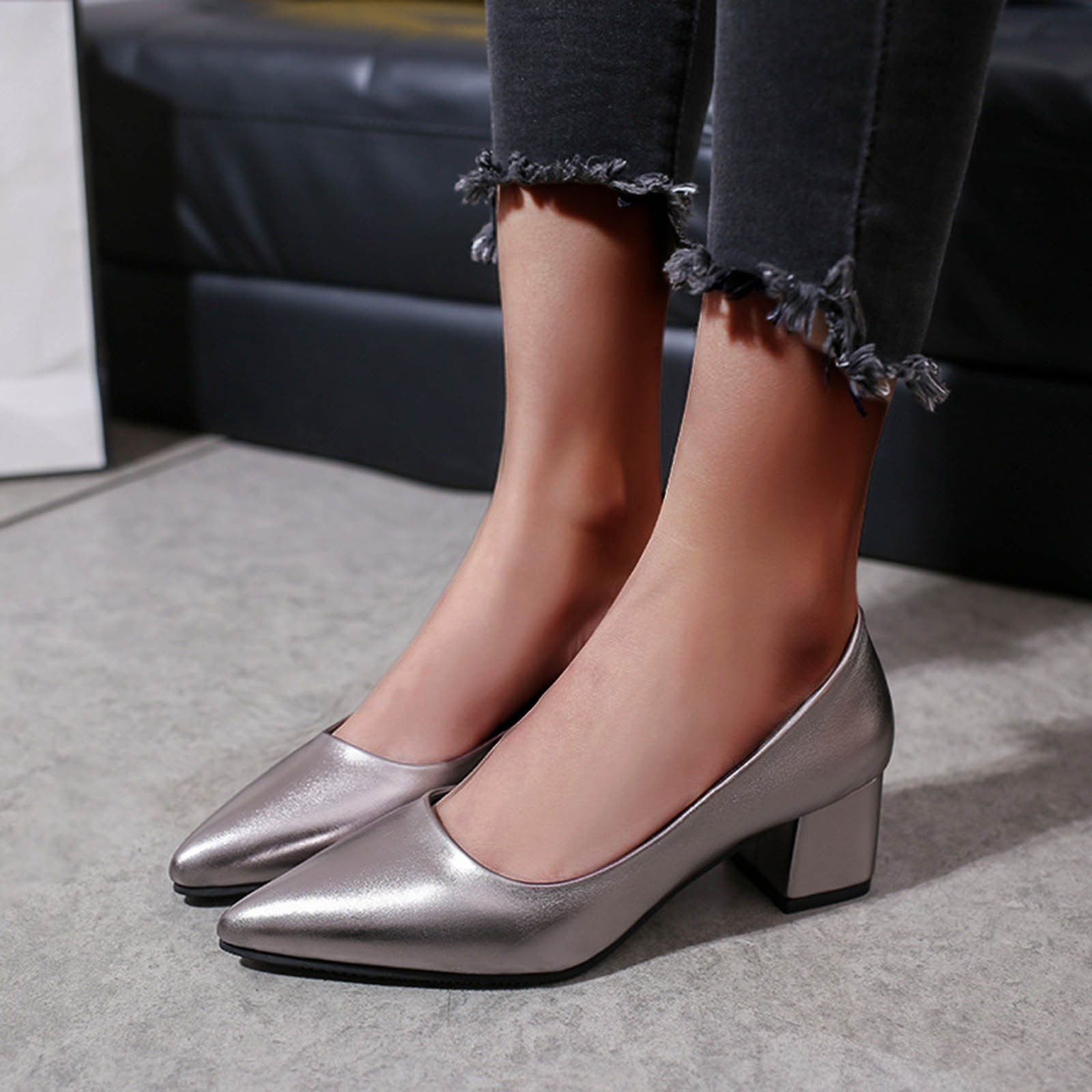 Silver slip on mid thick heel dress shoe point toe | Womens dress shoes,  court & pumps online 1961WS
