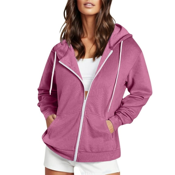eczipvz Women's Full Zip Up Hoodie Casual Long Sleeve Hooded Sweatshirts Pockets Jacket Fall Fleece Y23K Tops Oversized Coat for Women Pink,2XL