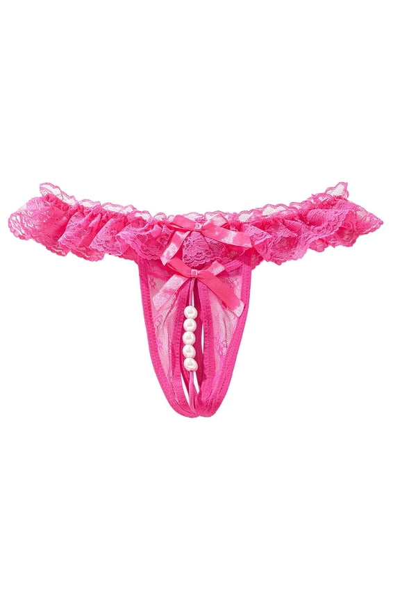Women's Pearl T Back Embroidery Lace Thongs G-String with Pearls Thong Panty Underwear(Hot Pink,XL)