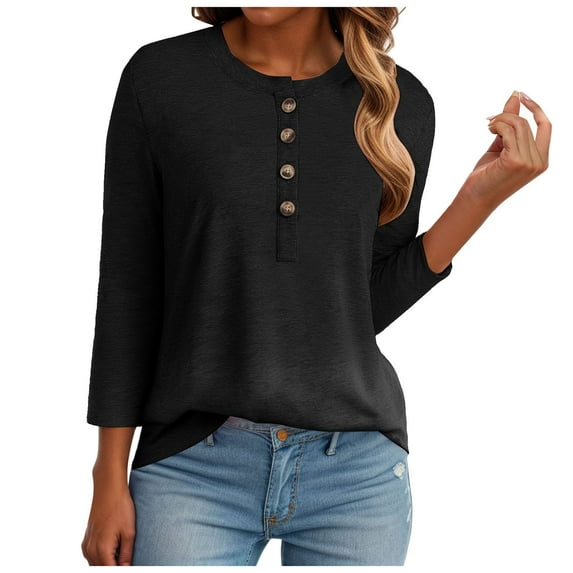 eczipvz Short Sleeve Shirts for Women 3/4 Sleeve Blouse Summer Tops Dressy Casual Solid Basic Tees(Black,S)