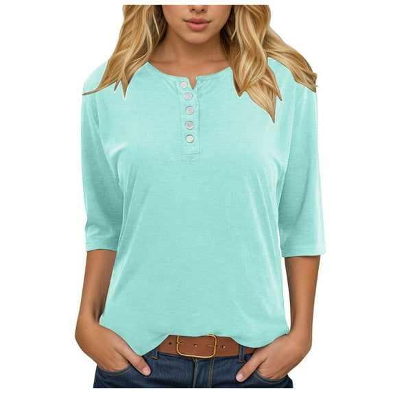 eczipvz Womens Casual Tops 3/4 Sleeve T-Shirts Round Neck Cute Tunic Tops Basic Tees Blouses Loose Fit Pullover(Light Blue,2XL)