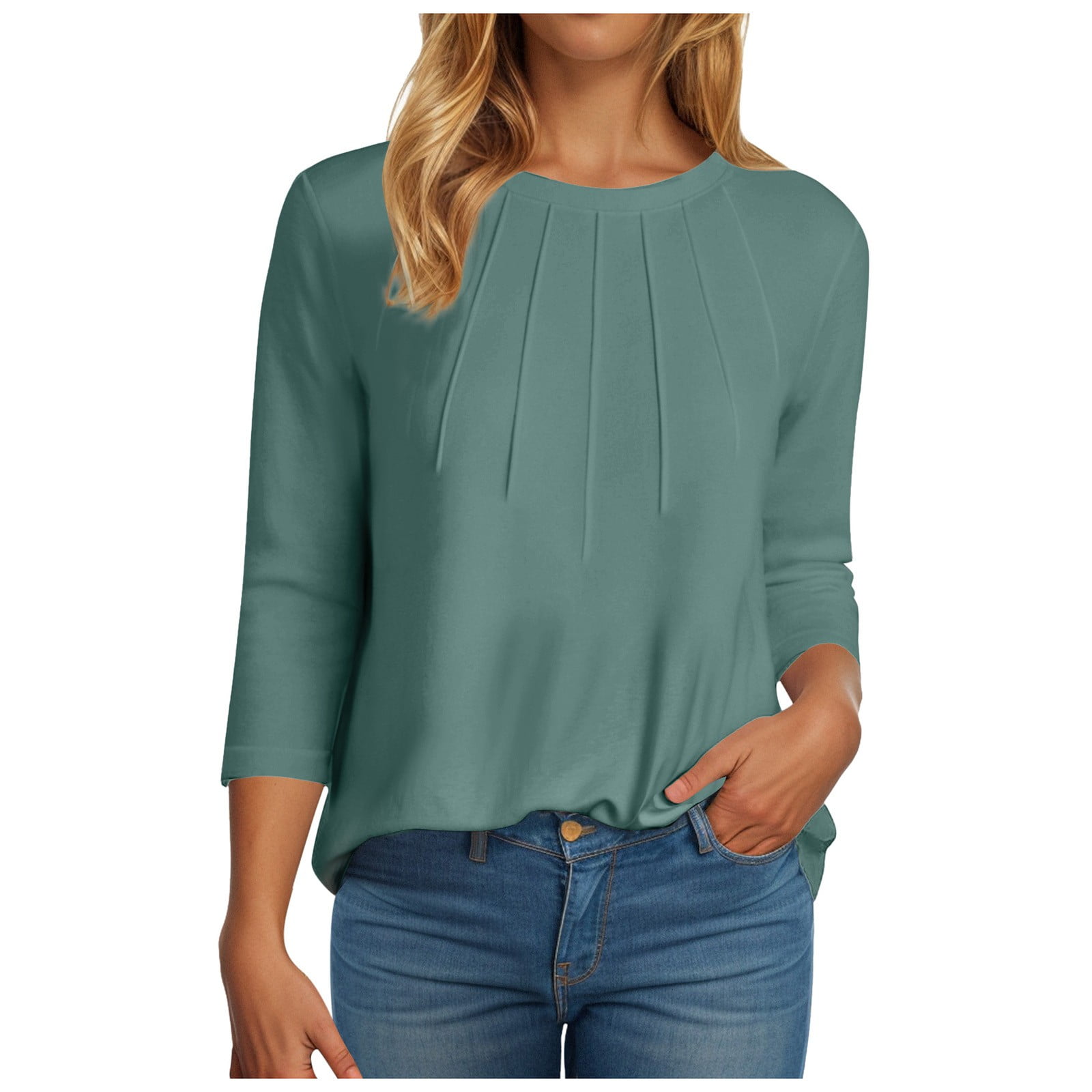 eczipvz Womens Crew Neck 3/4 Sleeve Tops Basic Button T-Shirts Solid ...