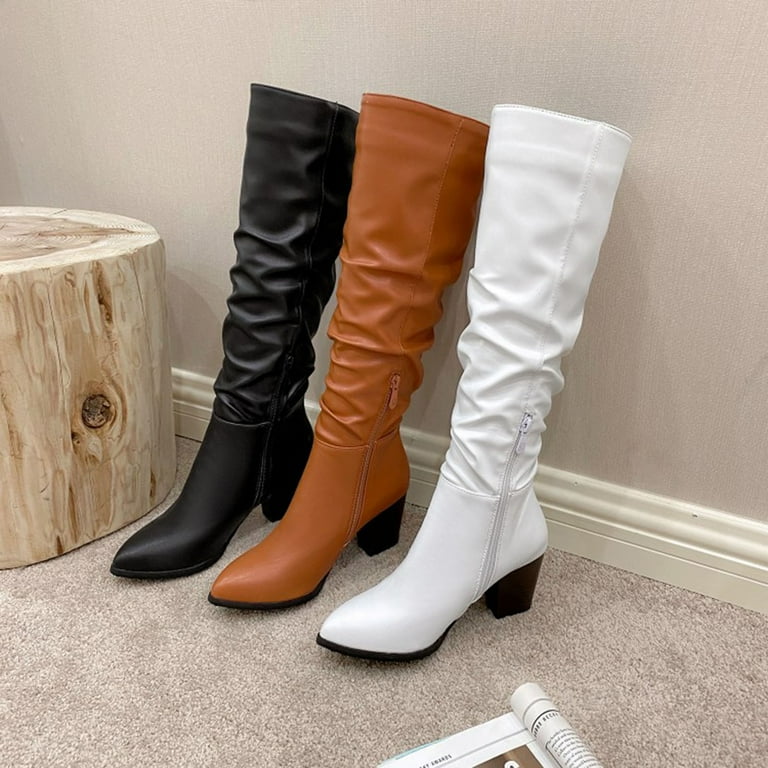 eczipvz Womens Shoes Boots for Women 22 Women s Autumn Winter Solid Color Vintage Thick Low Heel Western Denim Pleated Heel Dark Wide Calf Boots for