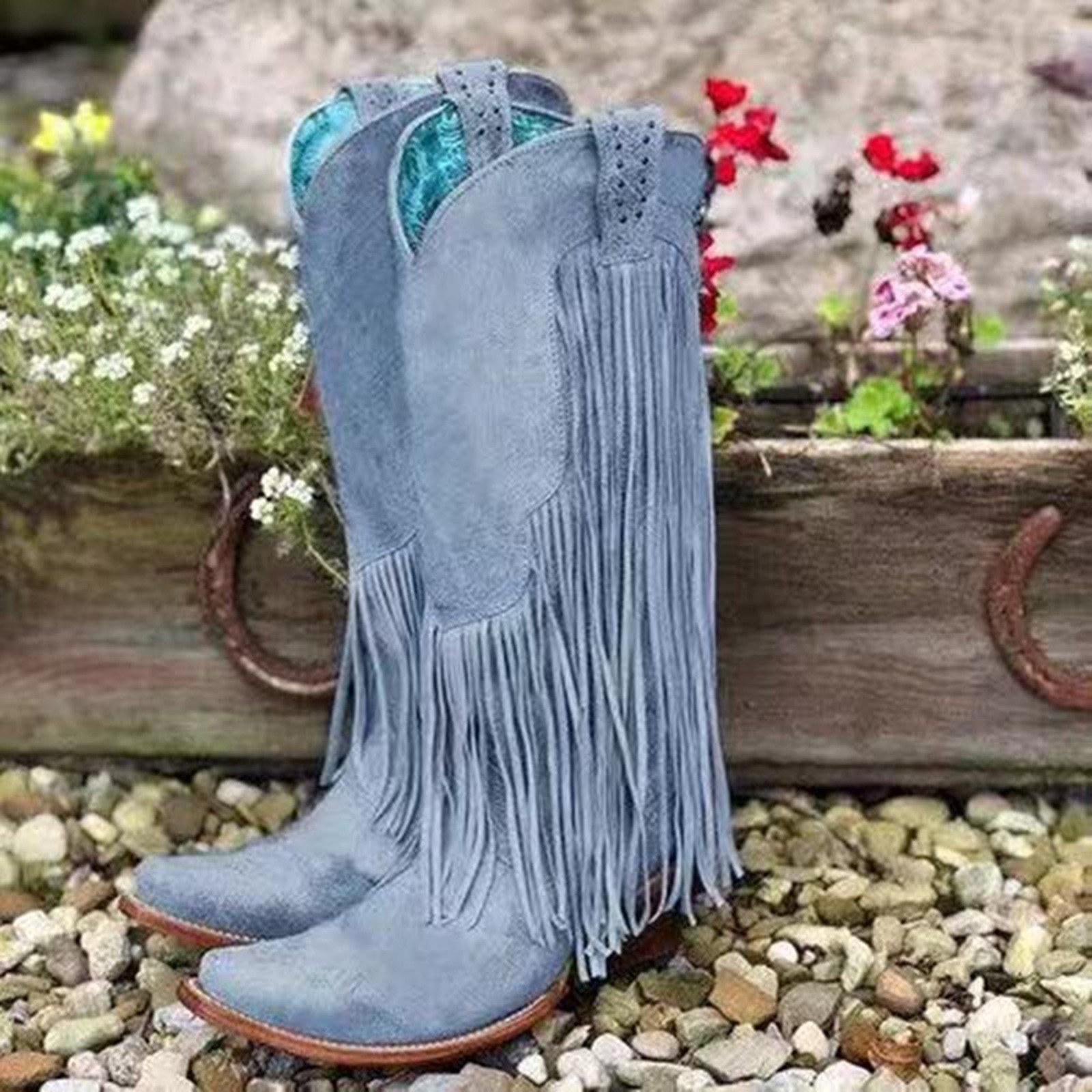 Womens Shoes Boots for Women Women's Plus Size Winter Heel Fringe Boots Women's Platform Boots for Women Back Zipper Vegan Leather Mid Calf,Light Blue-9