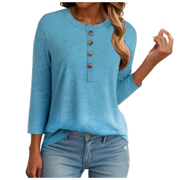 eczipvz Womens Short Sleeve Tops 3/4 Sleeve Shirts Round Neck Loose Casual Blouses Solid Color Tshirts(Blue,L)