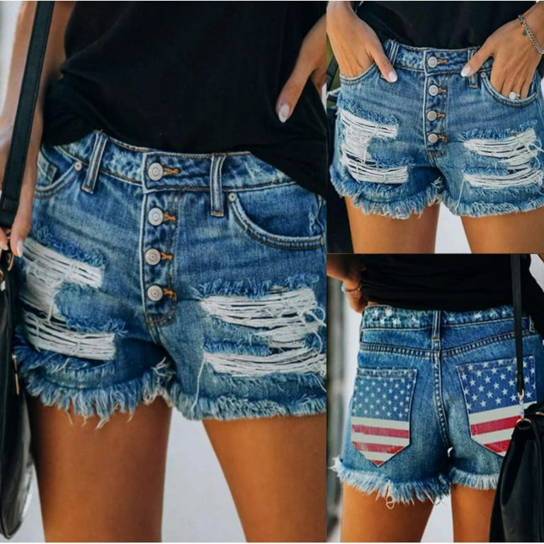 Fashion Street Patchwork Ripped Mid Waist Straight Denim Shorts Fashion Street Patchwork Ripped Mid Waist Straight Denim Shorts