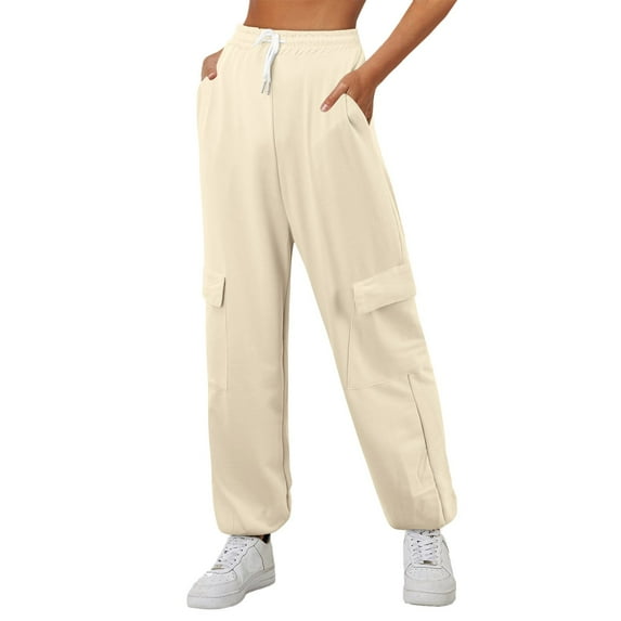 eczipvz Womens Sweatpants Women's Casual High Waisted Suit Pants Straight Leg Zipper Fly Pleated Pants with Pockets Beige,L