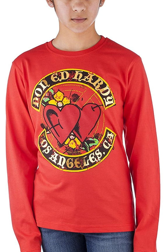 ed hardy kids girls long sleeve heart t-shirt - red - small