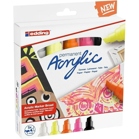 edding 5000 acrylic marker broad - neon colours - acrylic paint markers 5-pack (neon) - 5-10mm chisel nib - acrylic marker for painting on canvas, wood - acrylic marker waterproof