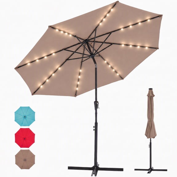 EDX 10 ft Outdoor Patio Umbrella with Solar LED Lights, Weather‑Resistant Camping & Yard Umbrella with Push‑Button Tilt, 8‑Rib Patio Umbrella for Sunny Outdoor Use,Brown
