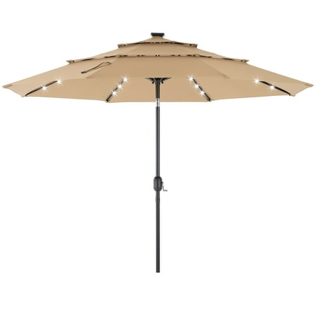edx 10ft 3-Tier Solar LED Patio Umbrella with Tilt Adjustment and UV-Resistant Polyester Fabric, Outdoor Market Umbrella, Khaki