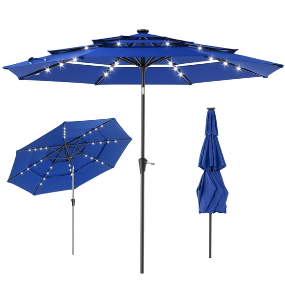 edx 10ft 3-Tier Solar LED Patio Umbrella with Tilt Adjustment and UV-Resistant Polyester Fabric, Outdoor Market Umbrella, Navy Blue