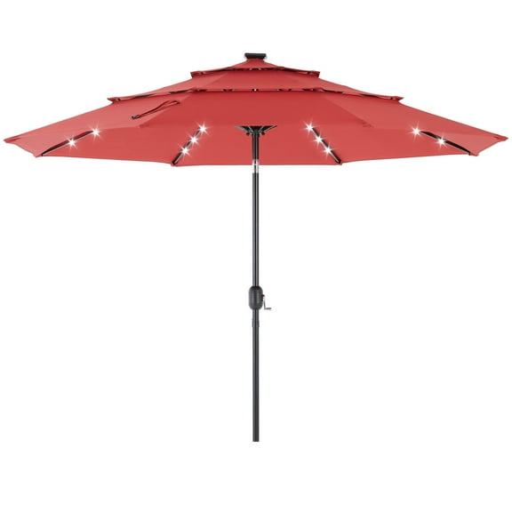 edx 10ft 3-Tier Solar LED Patio Umbrella with Tilt Adjustment and UV-Resistant Polyester Fabric, Outdoor Market Umbrella, Red