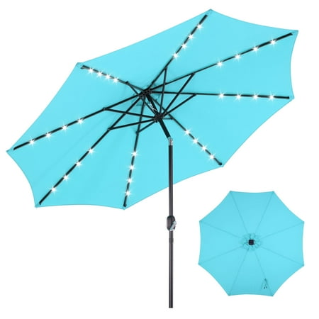 edx 10ft Solar 32 LED Lights Patio Umbrella with Tilt Adjustment and UV-Resistant Polyester Fabric,Market Umbrella for Outdoor, Lake Blue