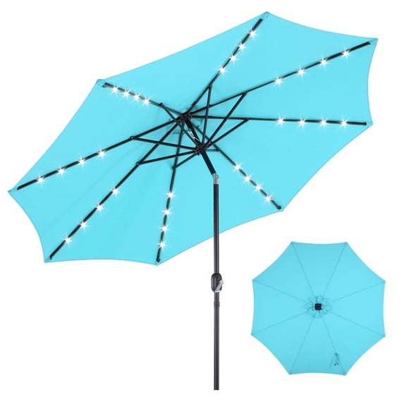 edx 10ft Solar 32 LED Lights Patio Umbrella with Tilt Adjustment and UV-Resistant Polyester Fabric,Market Umbrella for Outdoor, Lake Blue