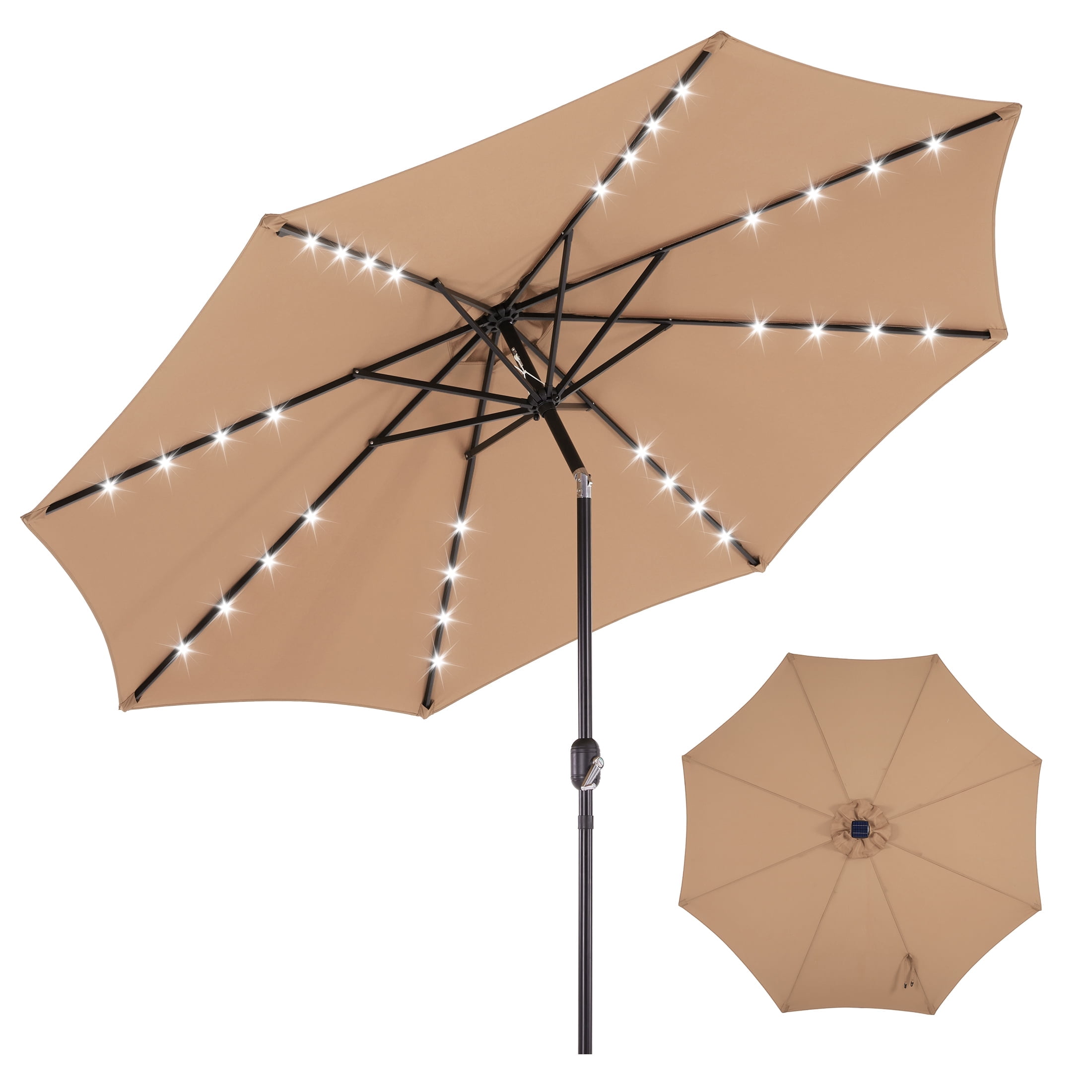 EDX 10ft Solar Patio Umbrella, 32 LED Lights, Durable Khaki Fabric, Tilt Adjustment