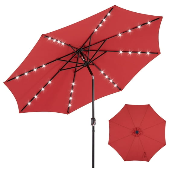 edx 10ft Solar 32 LED Lights Patio Umbrella with Tilt Adjustment and UV-Resistant Polyester Fabric，Market Umbrella for Outdoor, Red
