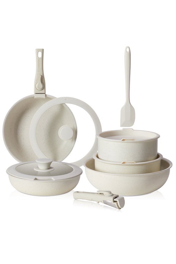 12pcs Non-Stick Cookware Set, Pots and Pans Set with Detachable Handle for Kitchen, Beige